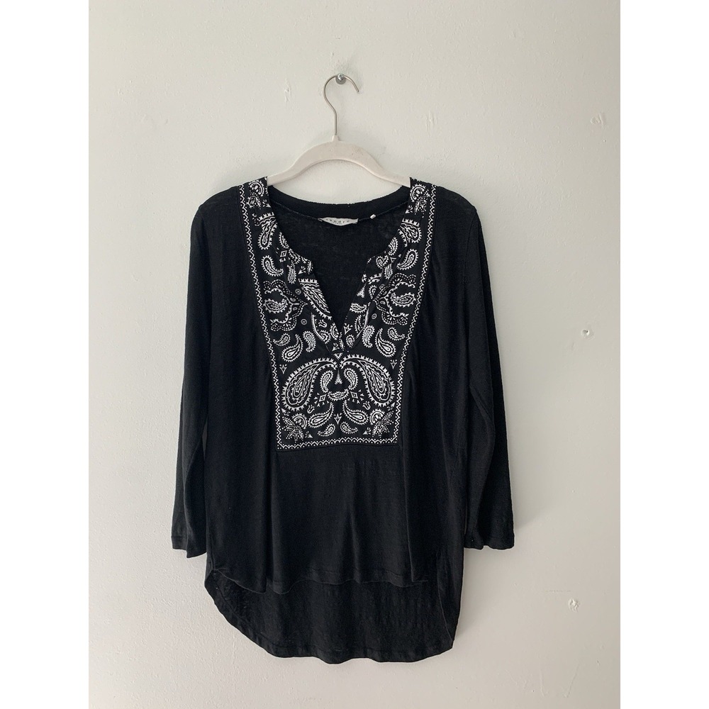 Sandro Paris Tunic Top Black Long Sleeve Sz 3 Linen Silk White Paisley Print